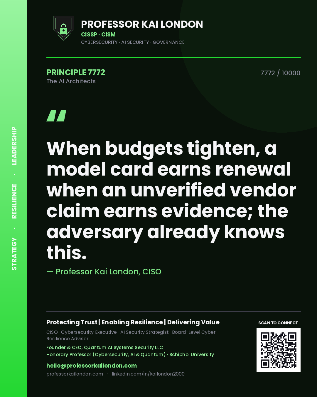 Quote card by Professor Kai London reading 'When budgets tighten, a model card earns renewal when an unverified vendor claim earns evidence; the adversary already knows this.'. From the book The AI Architects.