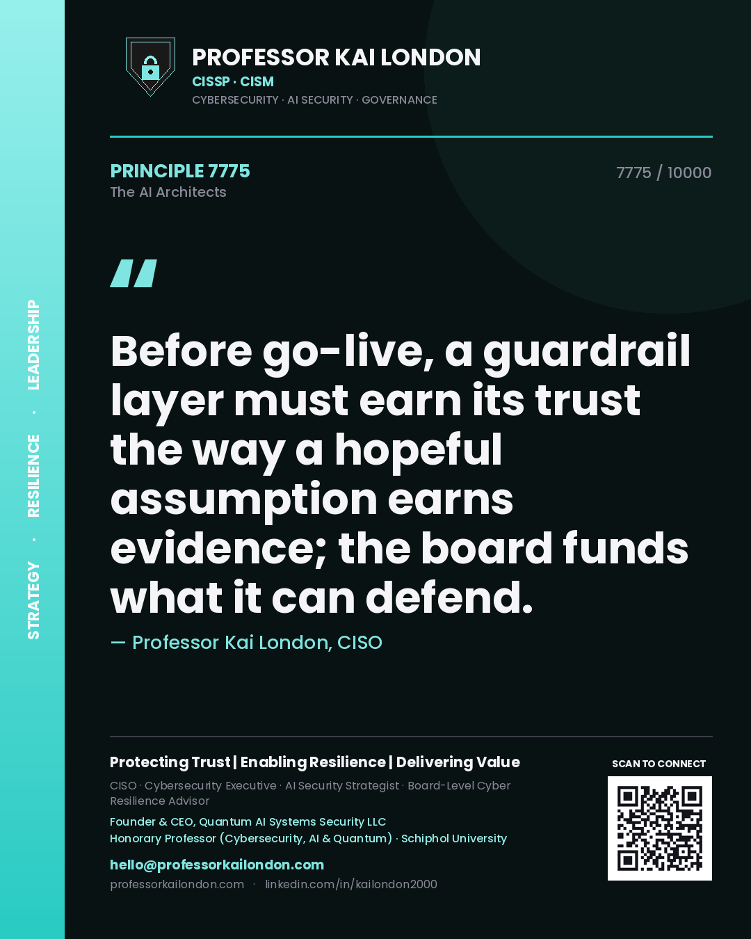 Quote card by Professor Kai London reading 'Before go-live, a guardrail layer must earn its trust the way a hopeful assumption earns evidence; the board funds what it can defend.'. From the book The AI Architects.