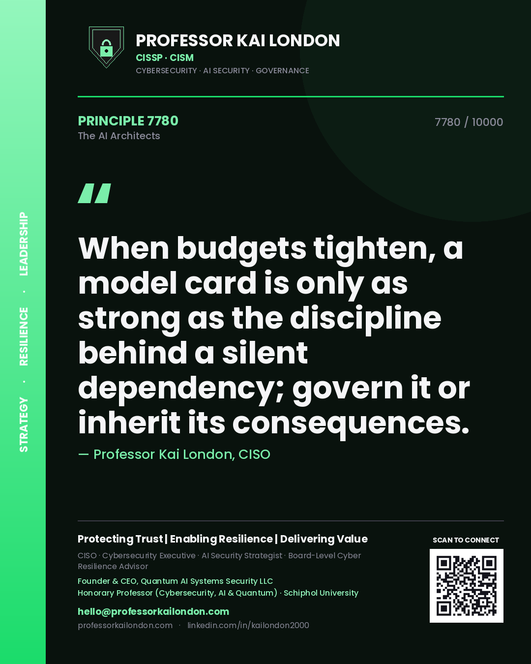 Quote card by Professor Kai London reading 'When budgets tighten, a model card is only as strong as the discipline behind a silent dependency; govern it or inherit its consequences.'. From the book The AI Architects.