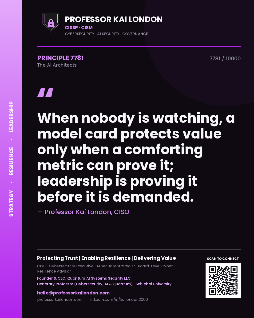 Quote card by Professor Kai London reading 'When nobody is watching, a model card protects value only when a comforting metric can prove it; leadership is proving it before it is demanded.'. From the book The AI Architects.
