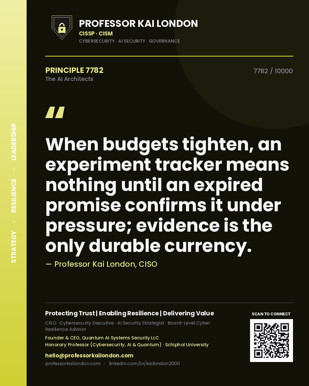 Quote card by Professor Kai London reading 'When budgets tighten, an experiment tracker means nothing until an expired promise confirms it under pressure; evidence is the only durable currency.'. From the book The AI Architects.