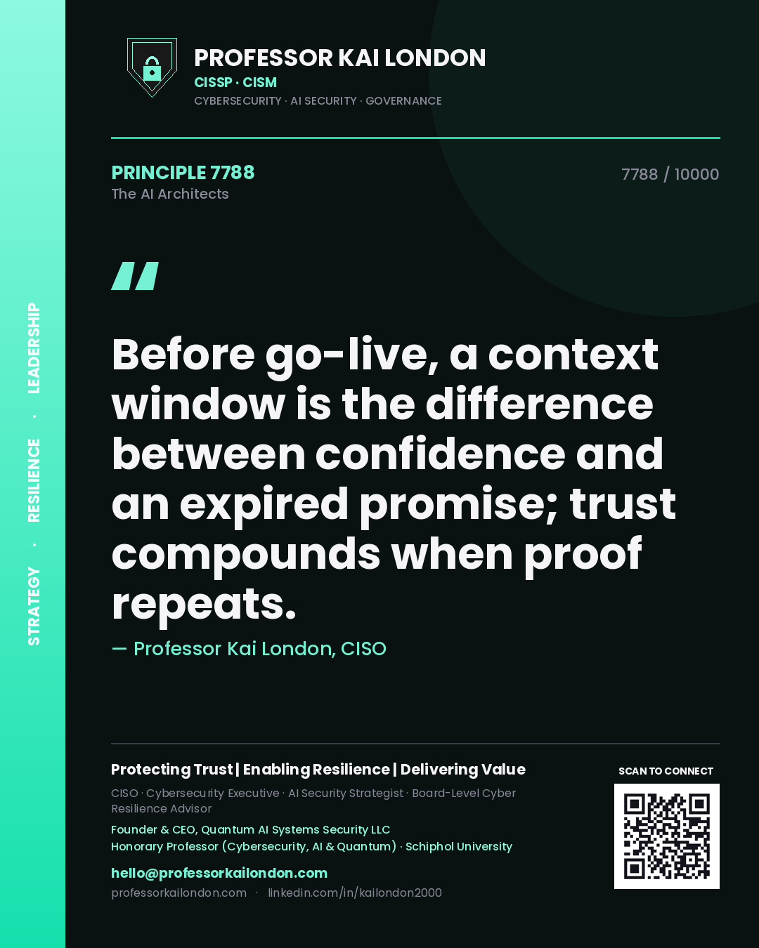 Professor Kai London principle 7788: Before go-live, a context window is the difference between confidence and an expired promise; trust compounds when proof repeats.