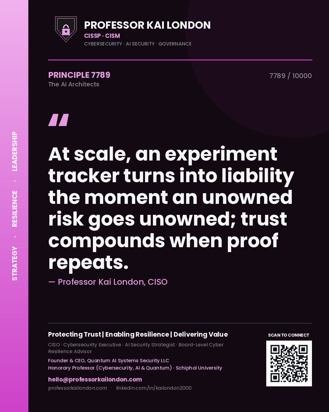 Quote card by Professor Kai London reading 'At scale, an experiment tracker turns into liability the moment an unowned risk goes unowned; trust compounds when proof repeats.'. From the book The AI Architects.