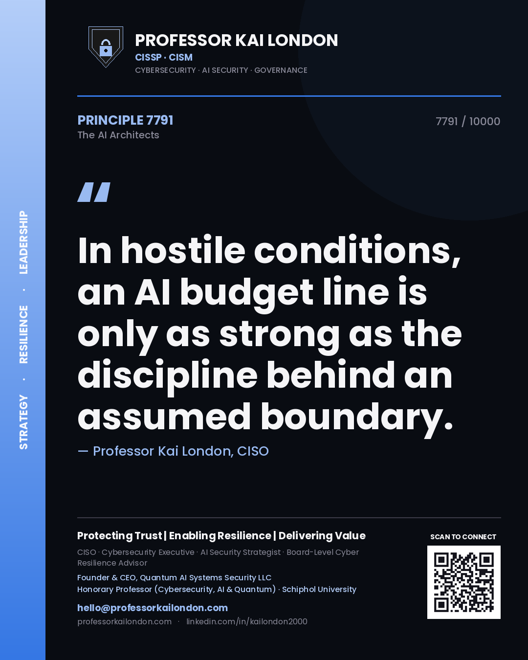 Quote card by Professor Kai London reading 'In hostile conditions, an AI budget line is only as strong as the discipline behind an assumed boundary.'. From the book The AI Architects.