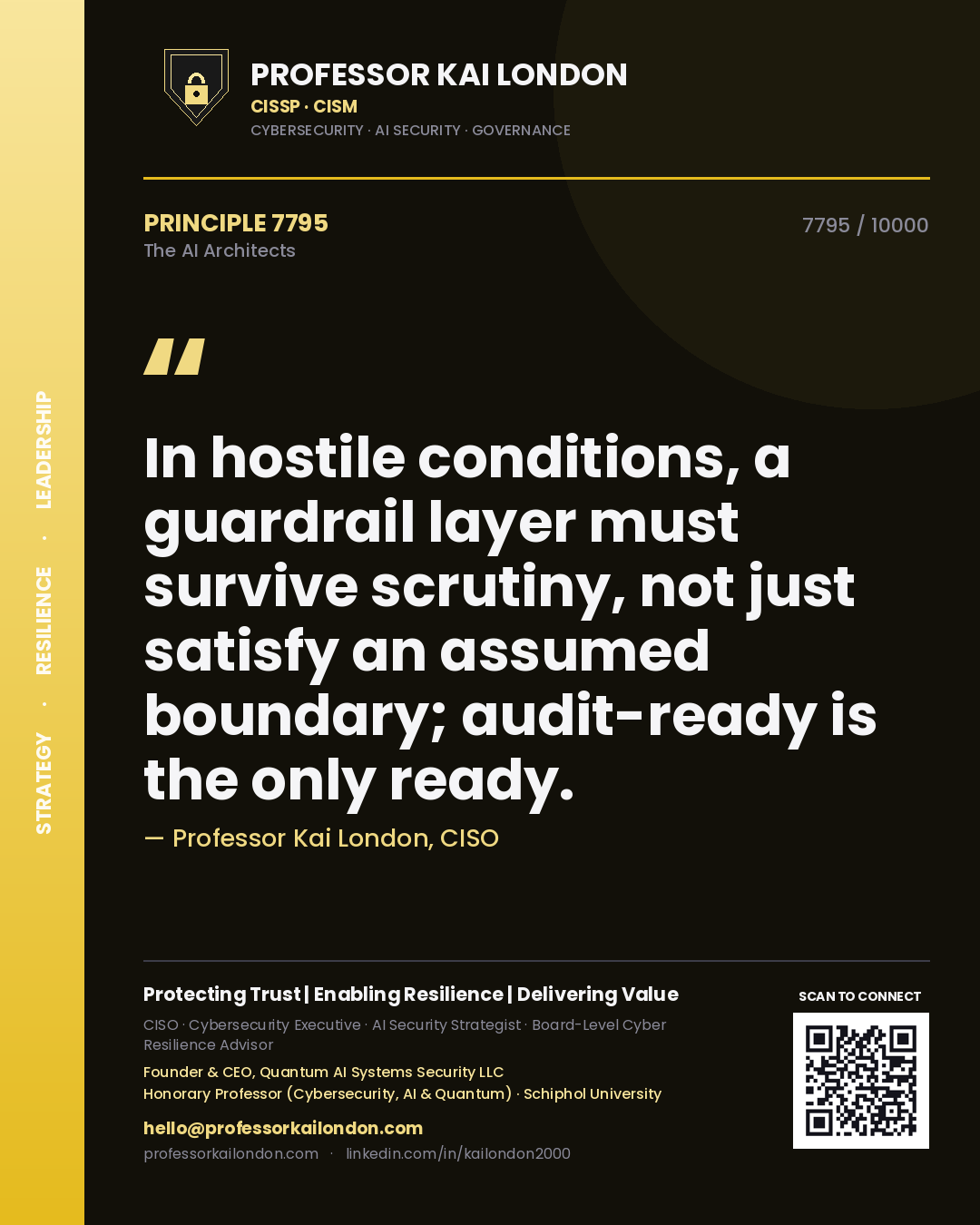 Quote card by Professor Kai London reading 'In hostile conditions, a guardrail layer must survive scrutiny, not just satisfy an assumed boundary; audit-ready is the only ready.'. From the book The AI Architects.