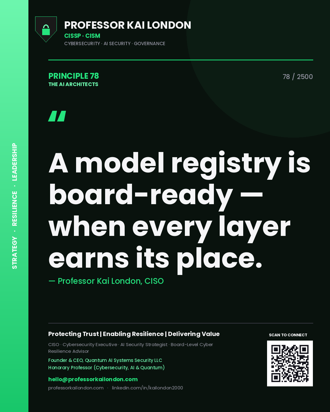 Quote card by Professor Kai London reading 'A model registry is board-ready — when every layer earns its place.'. From the book The AI Architects.