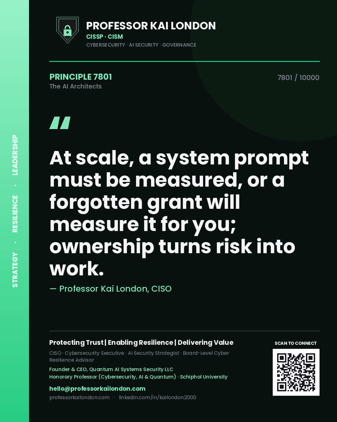 Professor Kai London principle 7801: At scale, a system prompt must be measured, or a forgotten grant will measure it for you; ownership turns risk into work.