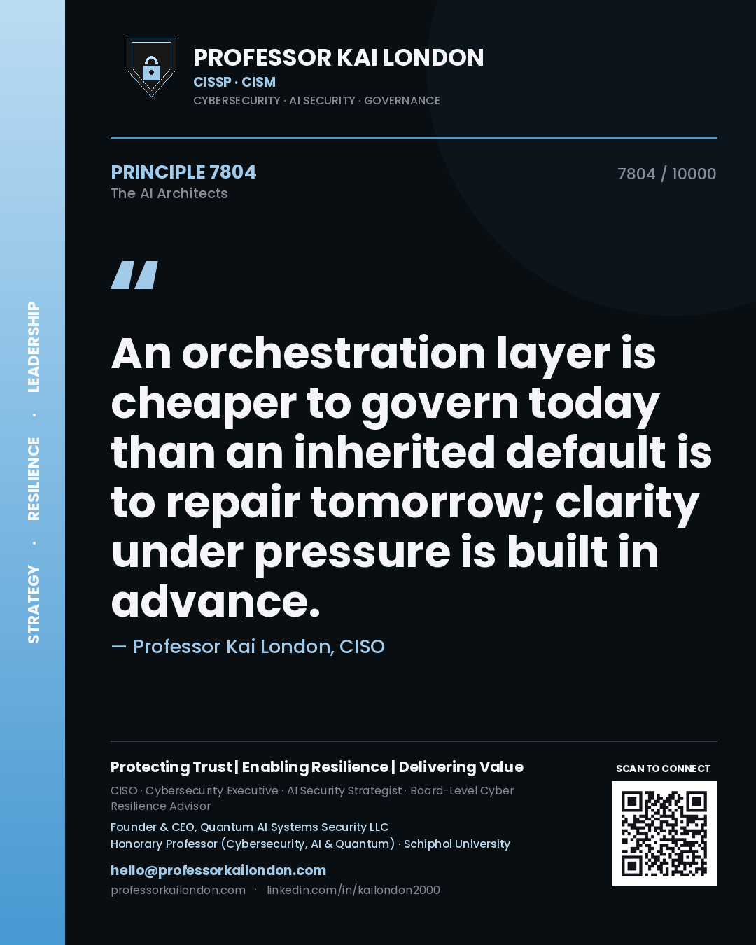 Professor Kai London principle 7804: An orchestration layer is cheaper to govern today than an inherited default is to repair tomorrow; clarity under pressure is built in advance.