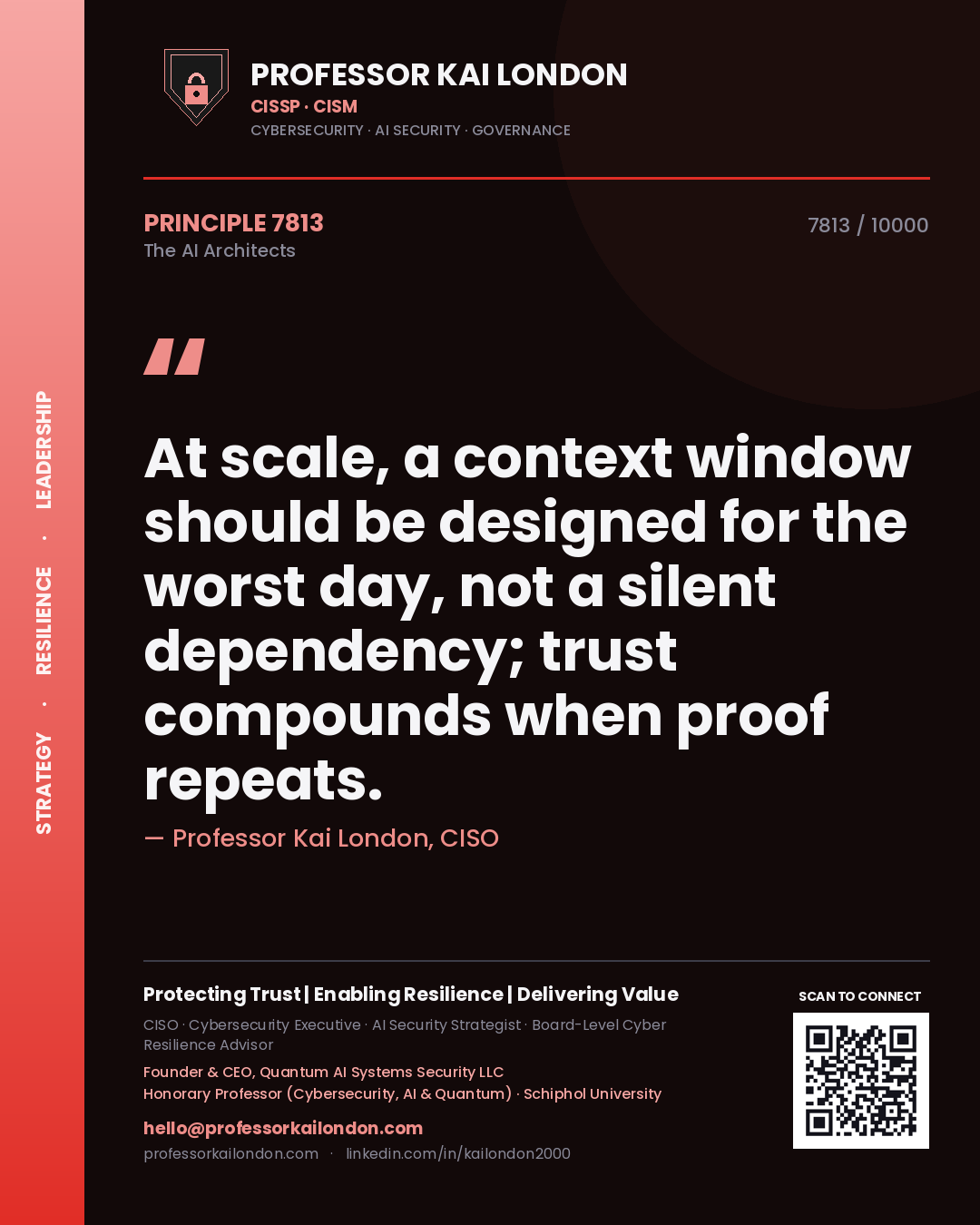 Quote card by Professor Kai London reading 'At scale, a context window should be designed for the worst day, not a silent dependency; trust compounds when proof repeats.'. From the book The AI Architects.