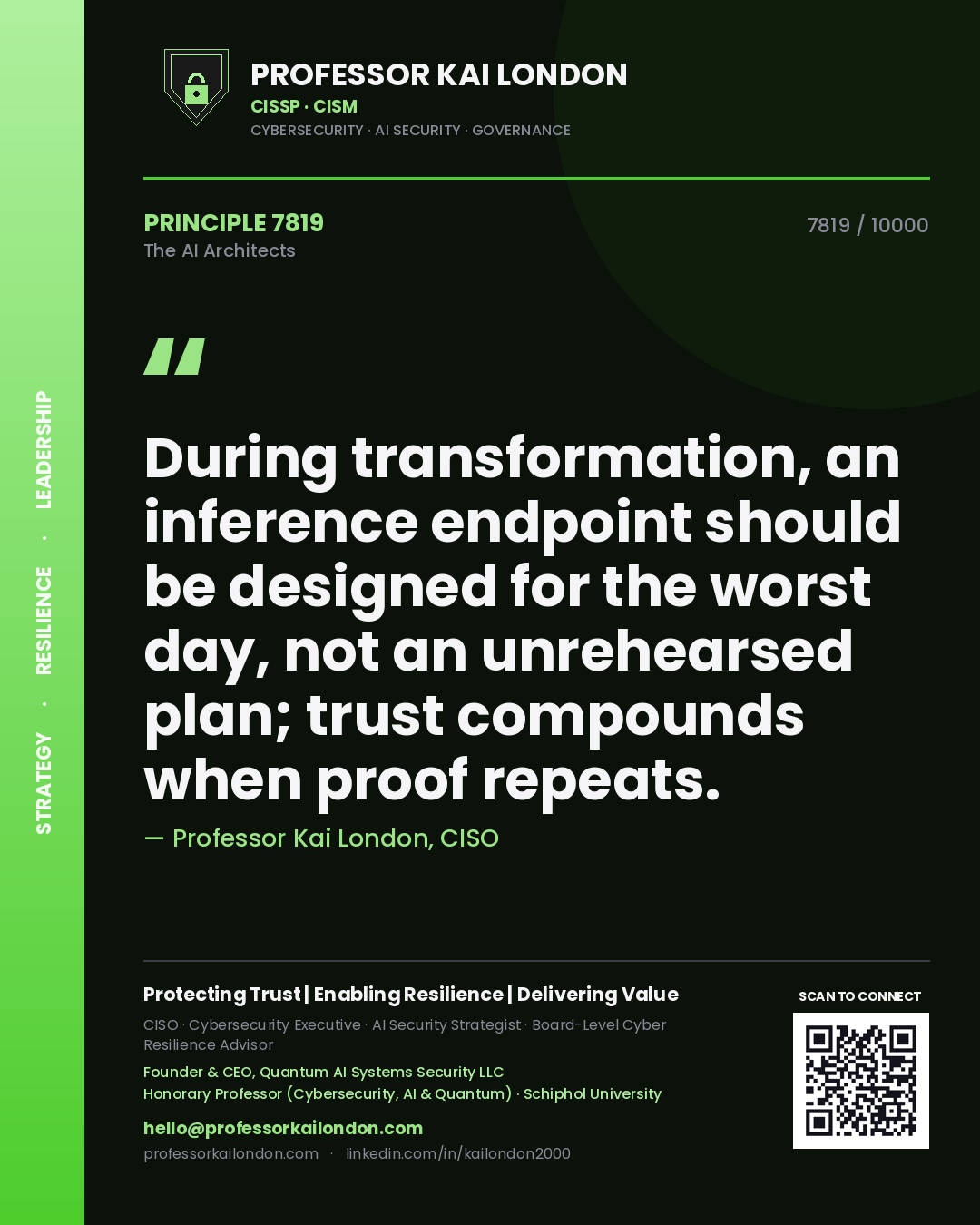 Professor Kai London principle 7819: During transformation, an inference endpoint should be designed for the worst day, not an unrehearsed plan; trust compounds when proof repeats.