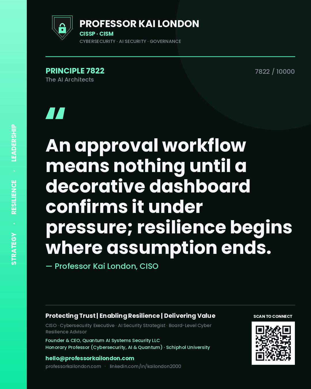 Professor Kai London principle 7822: An approval workflow means nothing until a decorative dashboard confirms it under pressure; resilience begins where assumption ends.
