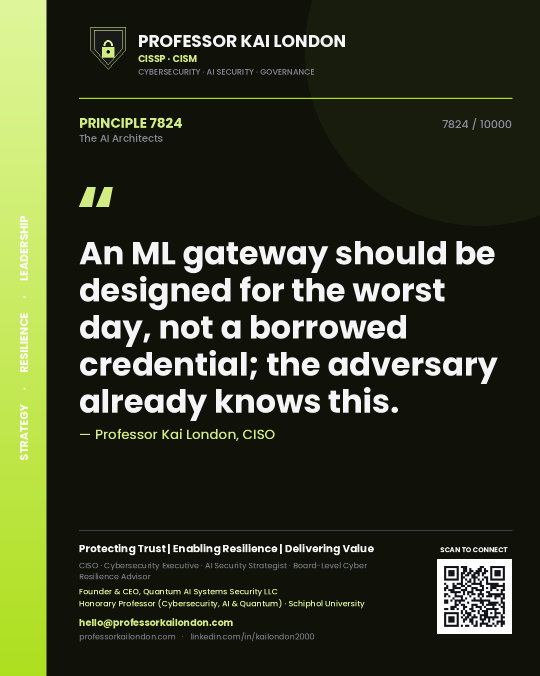 Quote card by Professor Kai London reading 'An ML gateway should be designed for the worst day, not a borrowed credential; the adversary already knows this.'. From the book The AI Architects.