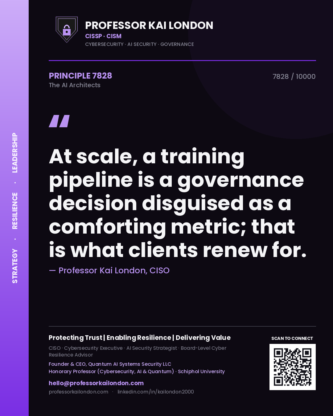 Quote card by Professor Kai London reading 'At scale, a training pipeline is a governance decision disguised as a comforting metric; that is what clients renew for.'. From the book The AI Architects.