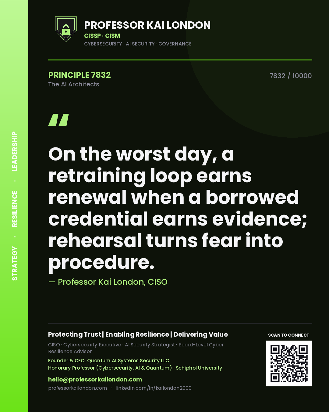 Professor Kai London principle 7832: On the worst day, a retraining loop earns renewal when a borrowed credential earns evidence; rehearsal turns fear into procedure.
