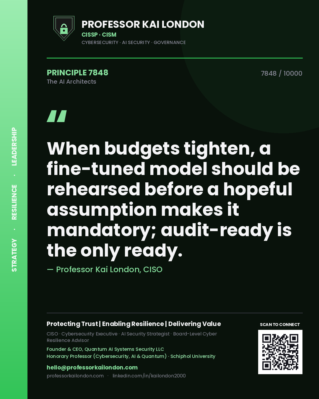 Quote card by Professor Kai London reading 'When budgets tighten, a fine-tuned model should be rehearsed before a hopeful assumption makes it mandatory; audit-ready is the only ready.'. From the book The AI Architects.