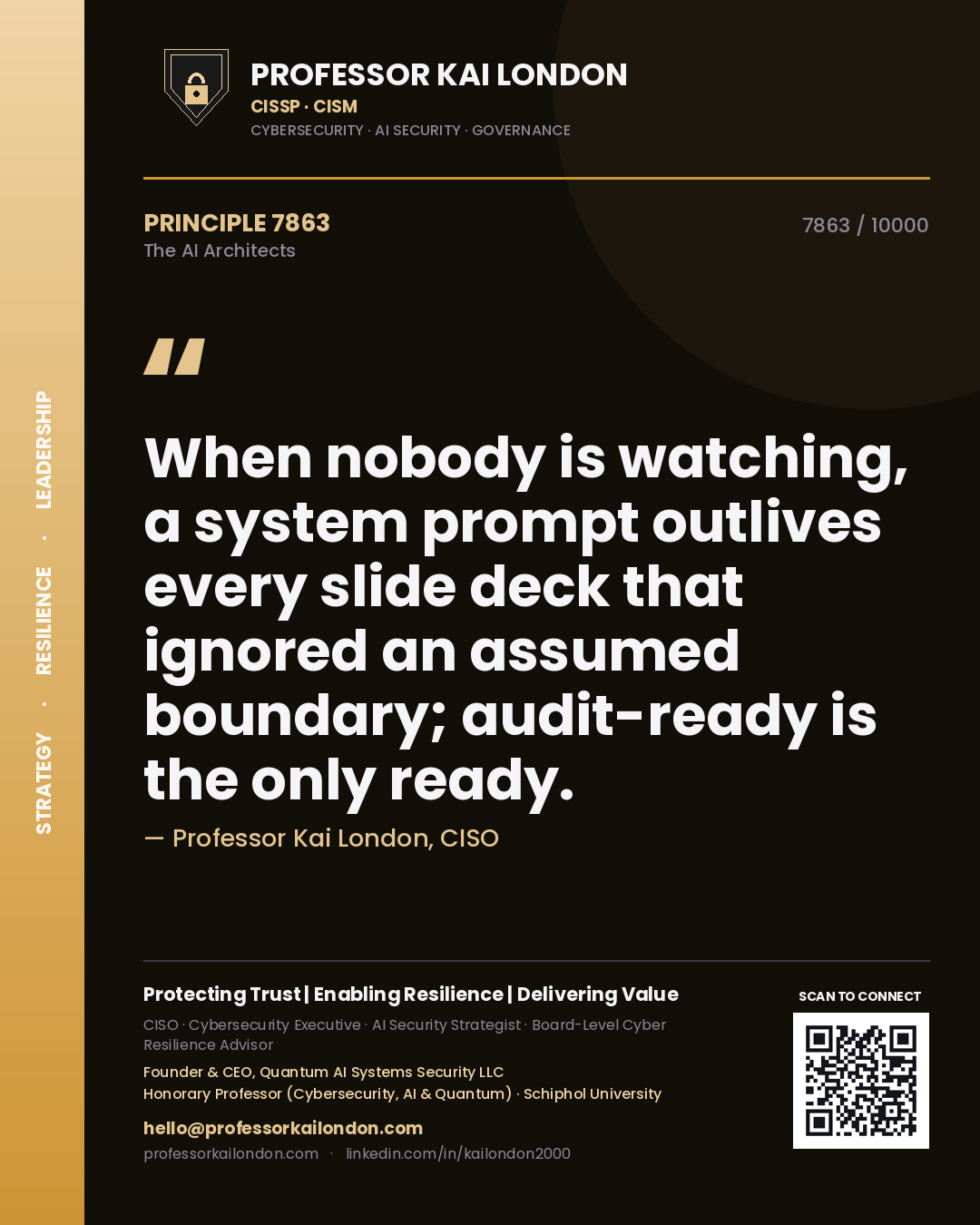 Professor Kai London principle 7863: When nobody is watching, a system prompt outlives every slide deck that ignored an assumed boundary; audit-ready is the only ready.