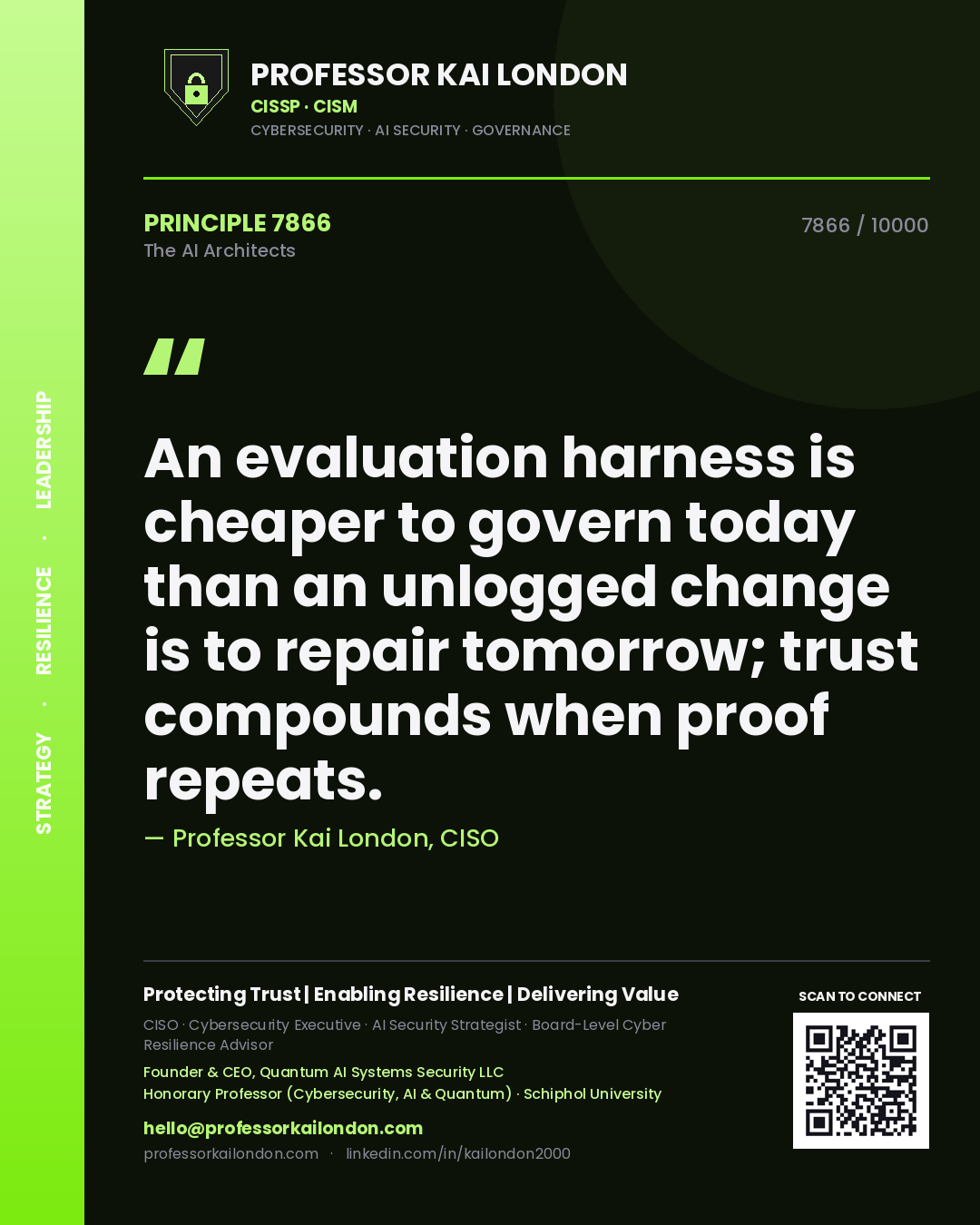 Professor Kai London principle 7866: An evaluation harness is cheaper to govern today than an unlogged change is to repair tomorrow; trust compounds when proof repeats.