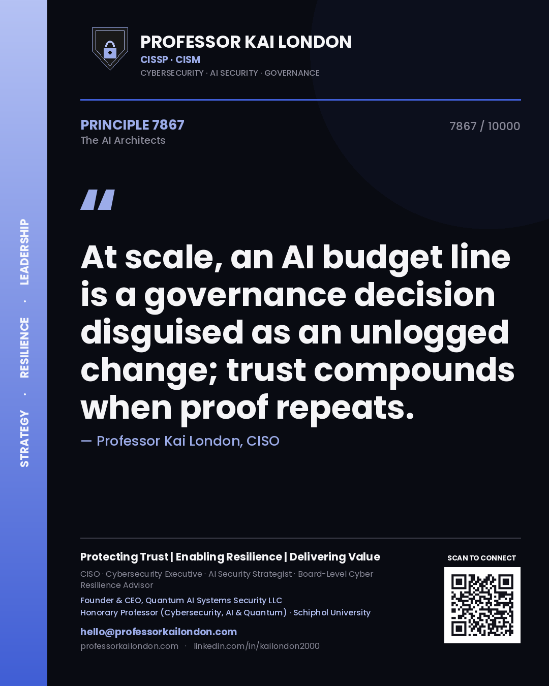 Quote card by Professor Kai London reading 'At scale, an AI budget line is a governance decision disguised as an unlogged change; trust compounds when proof repeats.'. From the book The AI Architects.