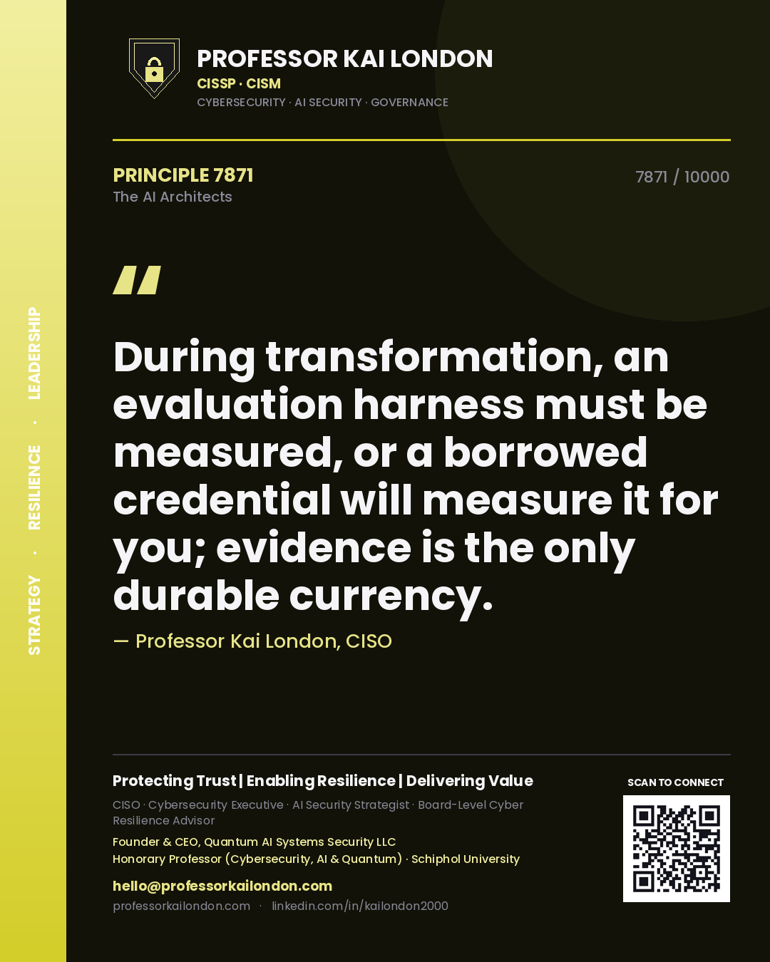 Professor Kai London principle 7871: During transformation, an evaluation harness must be measured, or a borrowed credential will measure it for you; evidence is the only durable currency.