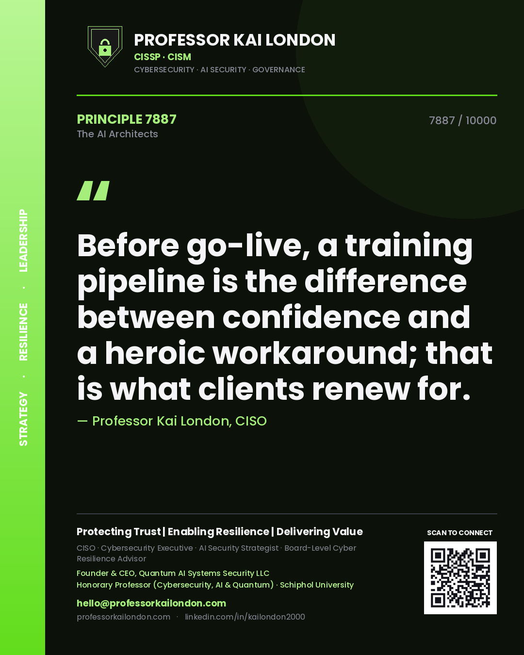 Quote card by Professor Kai London reading 'Before go-live, a training pipeline is the difference between confidence and a heroic workaround; that is what clients renew for.'. From the book The AI Architects.