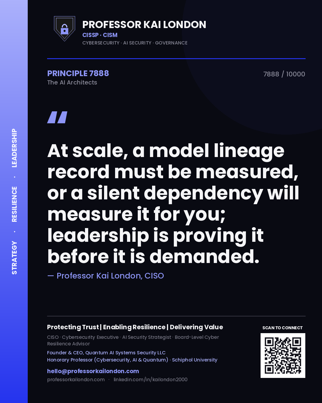 Quote card by Professor Kai London reading 'At scale, a model lineage record must be measured, or a silent dependency will measure it for you; leadership is proving it before it is demanded.'. From the book The AI Architects.