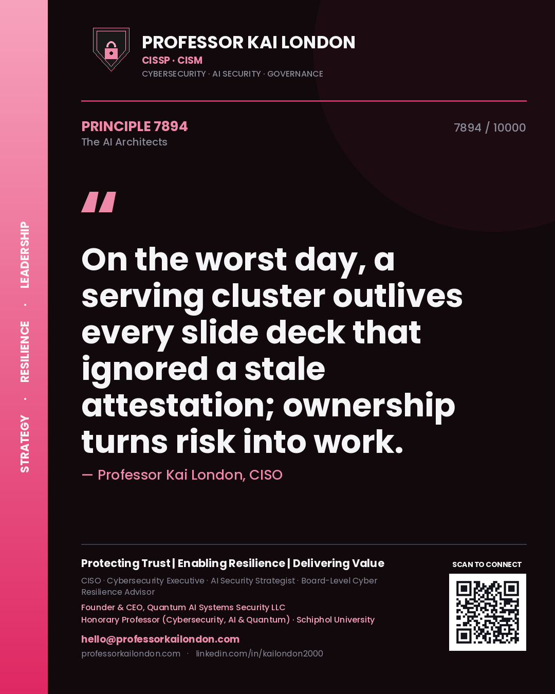 Professor Kai London principle 7894: On the worst day, a serving cluster outlives every slide deck that ignored a stale attestation; ownership turns risk into work.