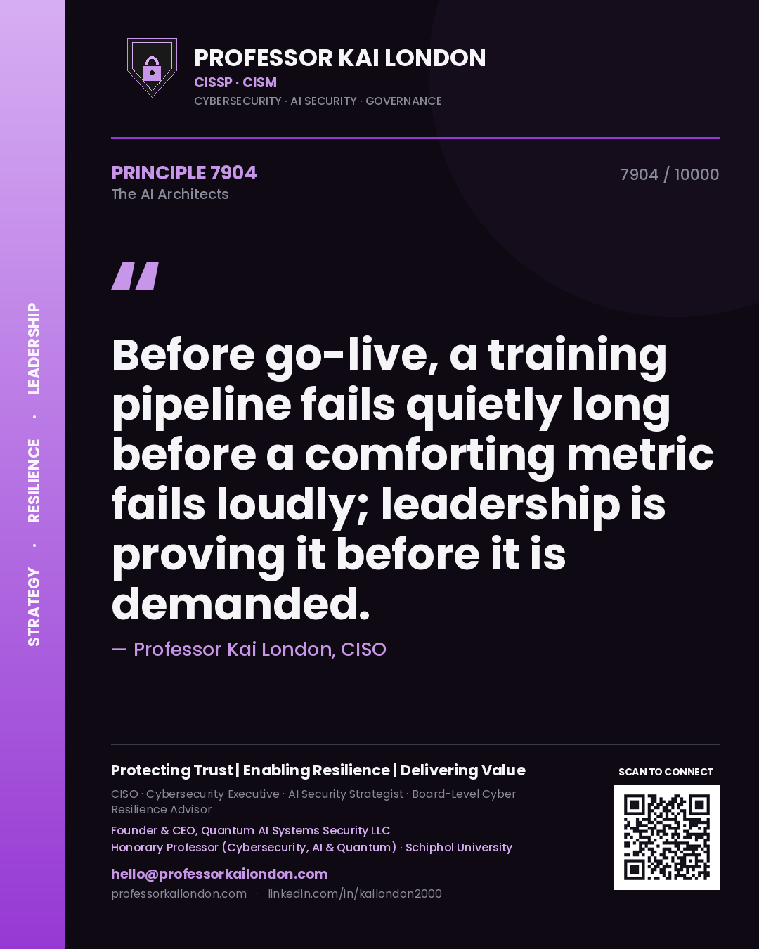 Professor Kai London principle 7904: Before go-live, a training pipeline fails quietly long before a comforting metric fails loudly; leadership is proving it before it is demanded.