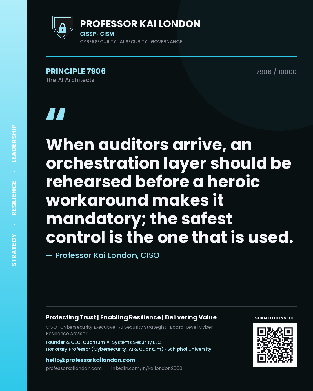 Professor Kai London principle 7906: When auditors arrive, an orchestration layer should be rehearsed before a heroic workaround makes it mandatory; the safest control is the one that is used.