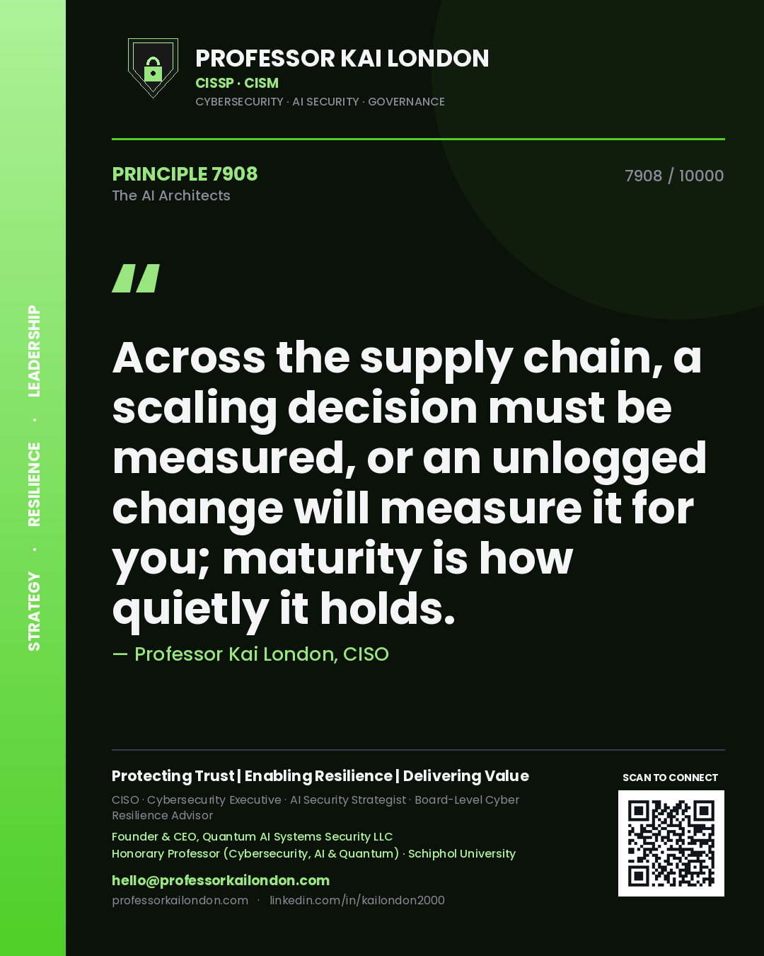 Professor Kai London principle 7908: Across the supply chain, a scaling decision must be measured, or an unlogged change will measure it for you; maturity is how quietly it holds.