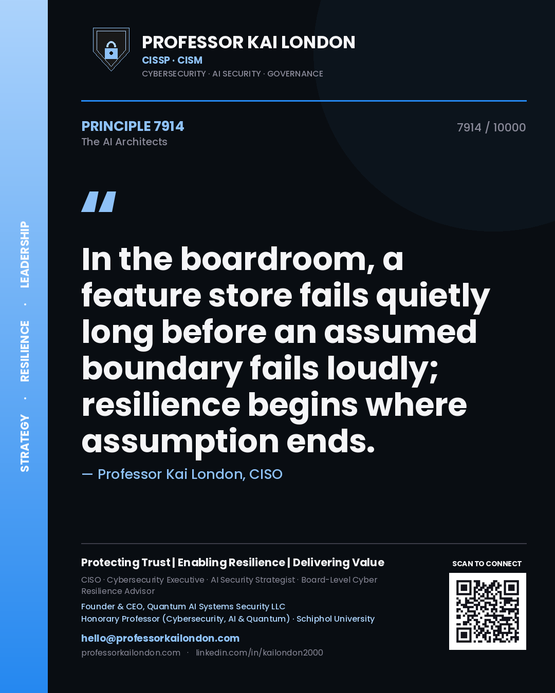 Professor Kai London principle 7914: In the boardroom, a feature store fails quietly long before an assumed boundary fails loudly; resilience begins where assumption ends.