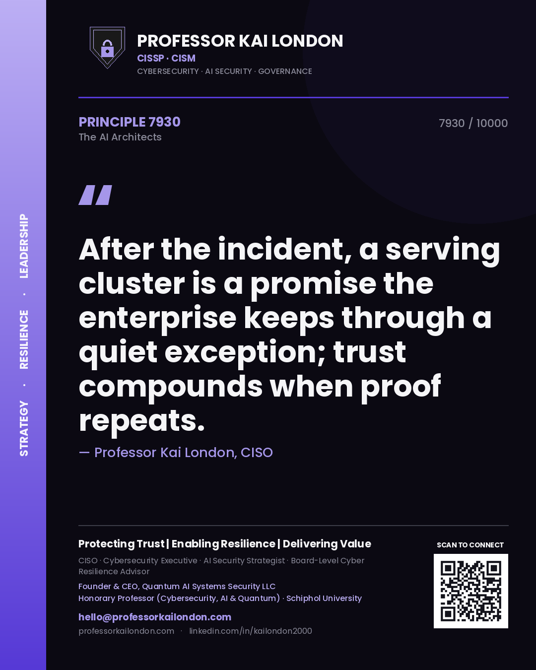 Quote card by Professor Kai London reading 'After the incident, a serving cluster is a promise the enterprise keeps through a quiet exception; trust compounds when proof repeats.'. From the book The AI Architects.