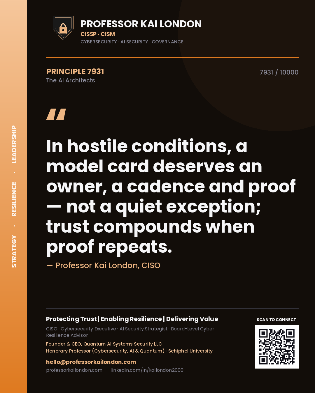 Professor Kai London principle 7931: In hostile conditions, a model card deserves an owner, a cadence and proof — not a quiet exception; trust compounds when proof repeats.