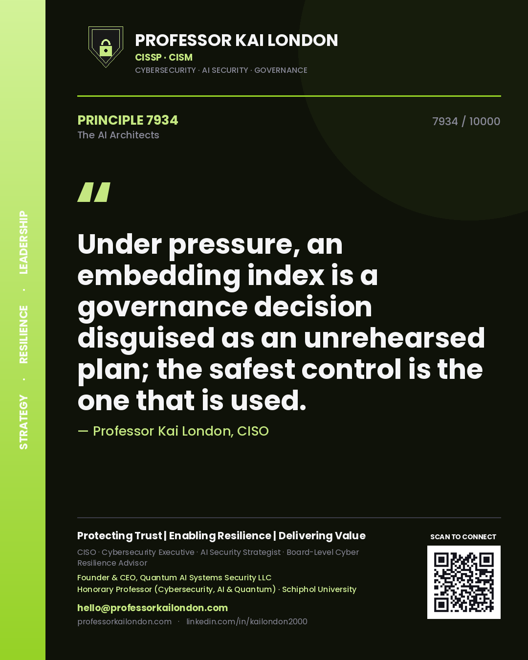 Professor Kai London principle 7934: Under pressure, an embedding index is a governance decision disguised as an unrehearsed plan; the safest control is the one that is used.