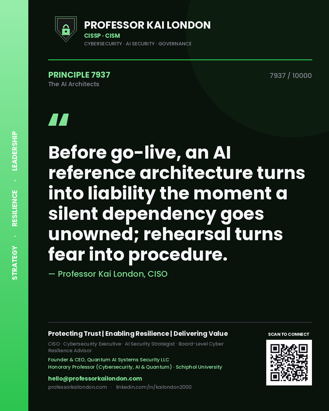 Professor Kai London principle 7937: Before go-live, an AI reference architecture turns into liability the moment a silent dependency goes unowned; rehearsal turns fear into procedure.