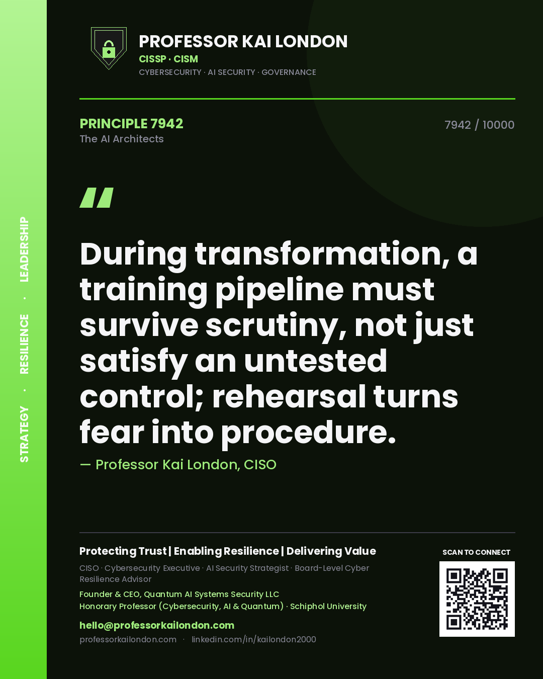 Professor Kai London principle 7942: During transformation, a training pipeline must survive scrutiny, not just satisfy an untested control; rehearsal turns fear into procedure.