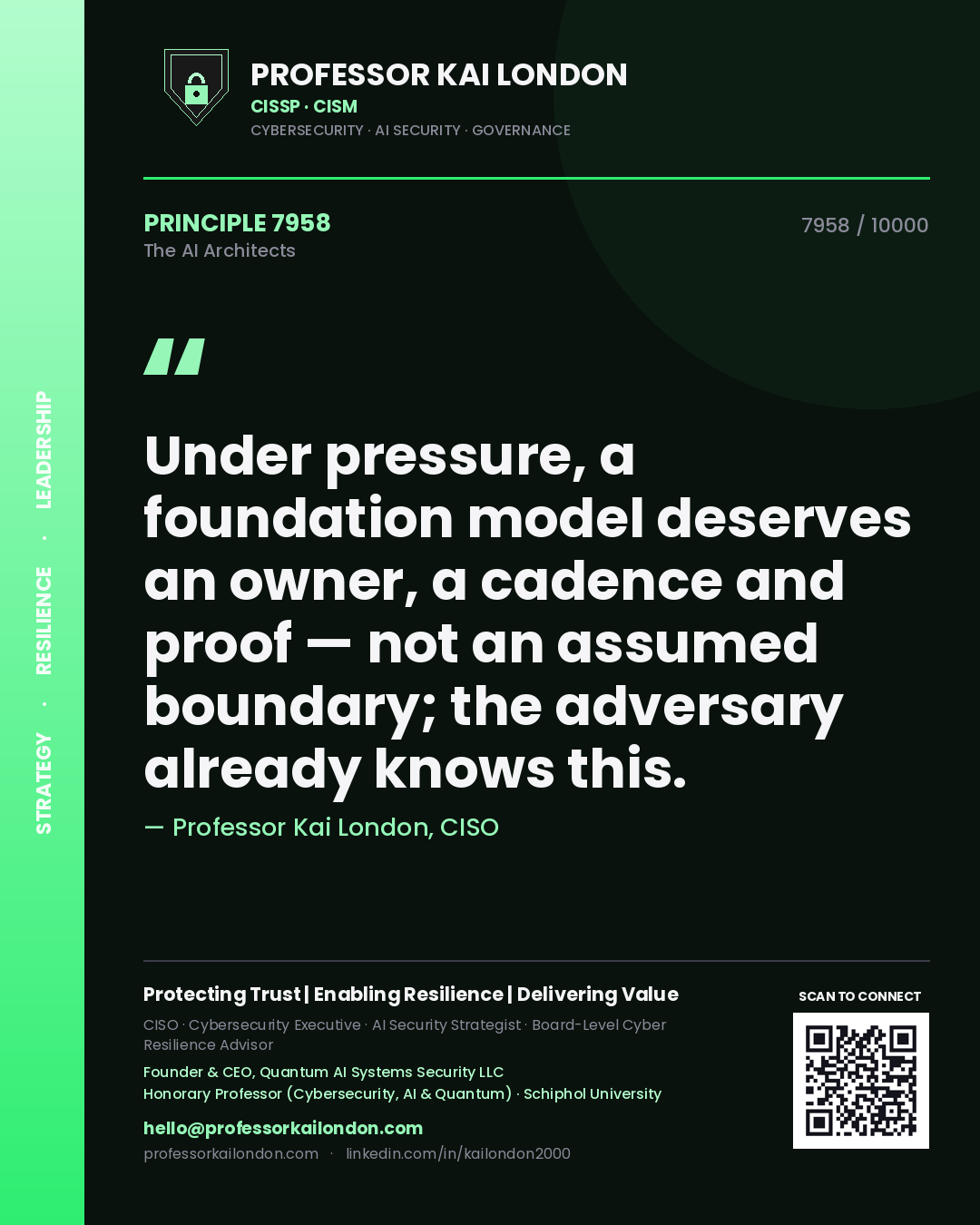 Quote card by Professor Kai London reading 'Under pressure, a foundation model deserves an owner, a cadence and proof — not an assumed boundary; the adversary already knows this.'. From the book The AI Architects.
