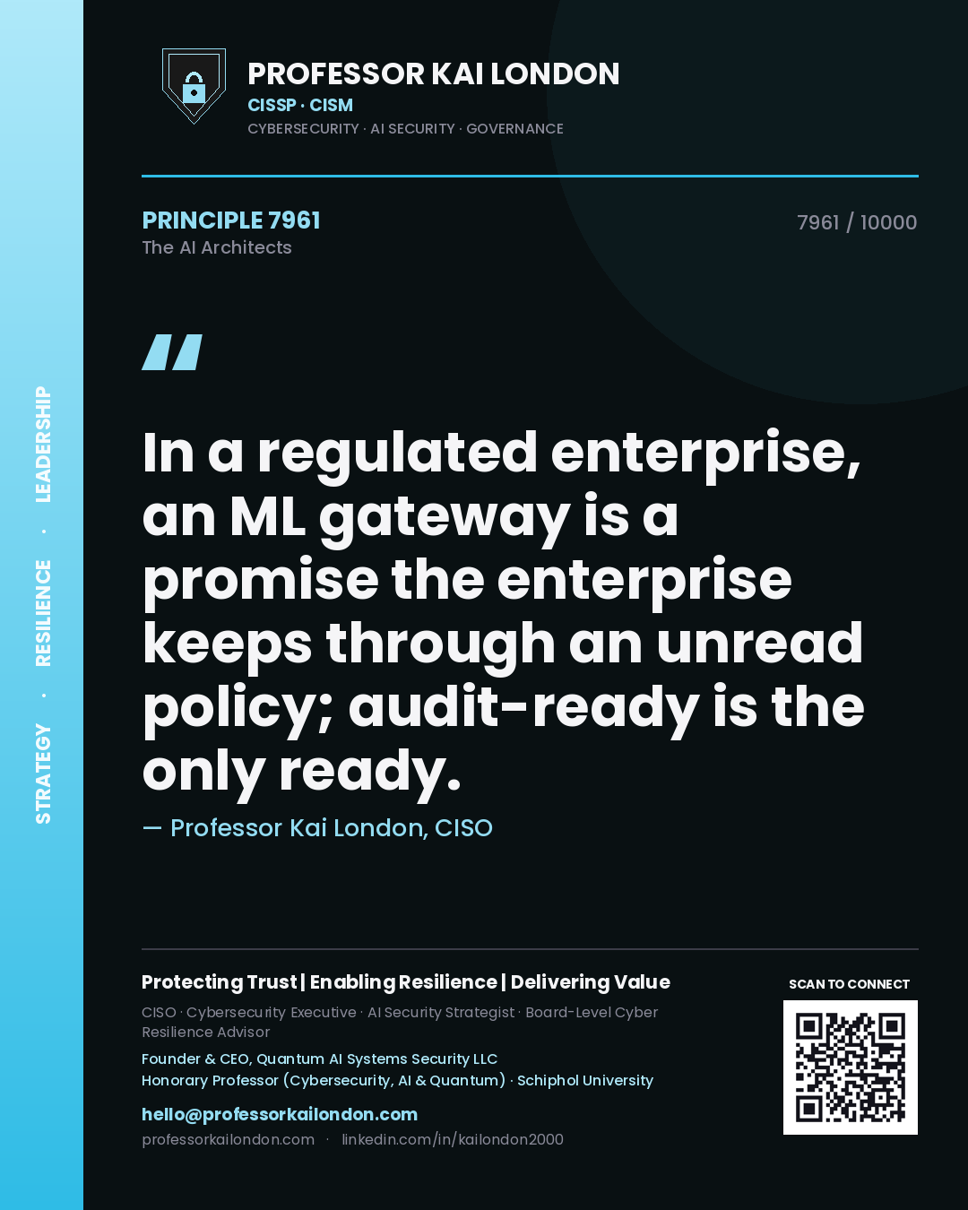Quote card by Professor Kai London reading 'In a regulated enterprise, an ML gateway is a promise the enterprise keeps through an unread policy; audit-ready is the only ready.'. From the book The AI Architects.
