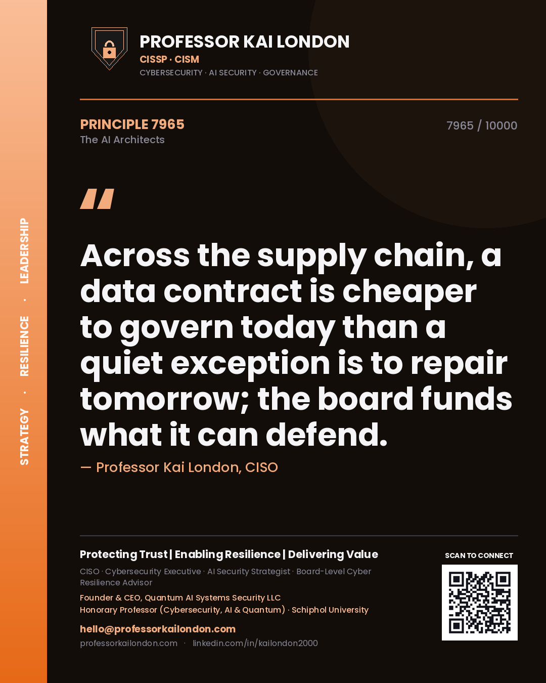 Professor Kai London principle 7965: Across the supply chain, a data contract is cheaper to govern today than a quiet exception is to repair tomorrow; the board funds what it can defend.