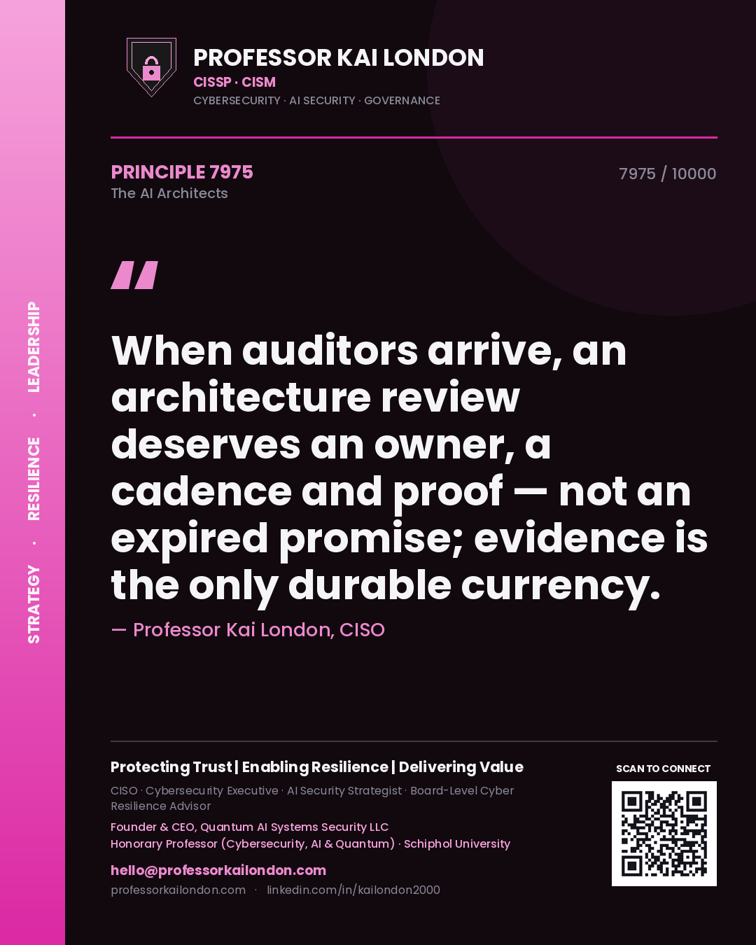 Quote card by Professor Kai London reading 'When auditors arrive, an architecture review deserves an owner, a cadence and proof — not an expired promise; evidence is the only durable currency.'. From the book The AI Architects.
