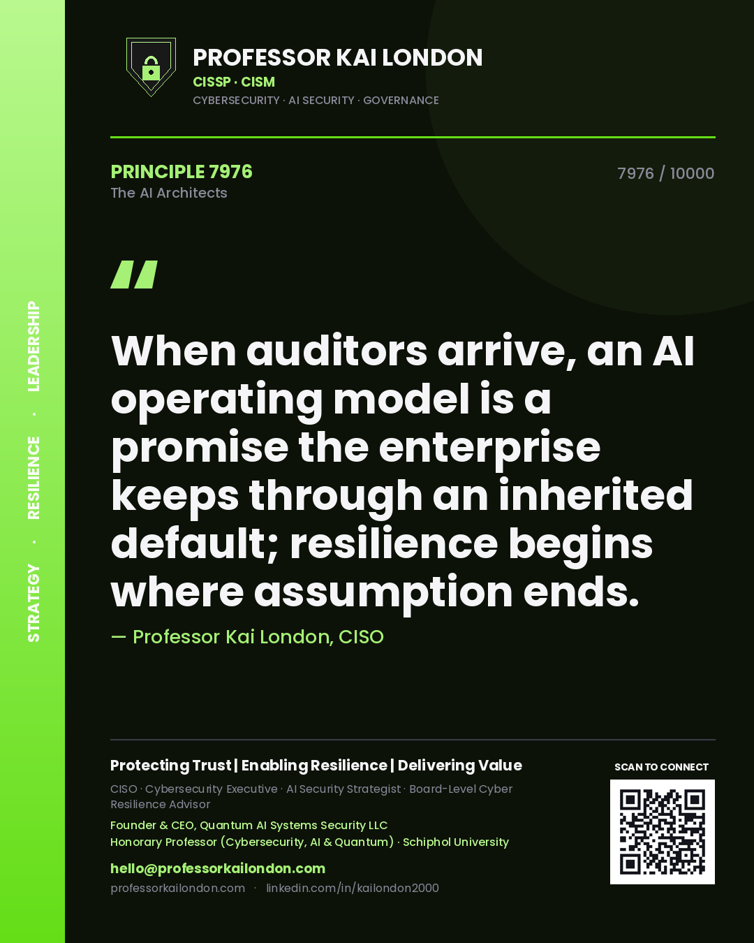 Professor Kai London principle 7976: When auditors arrive, an AI operating model is a promise the enterprise keeps through an inherited default; resilience begins where assumption ends.