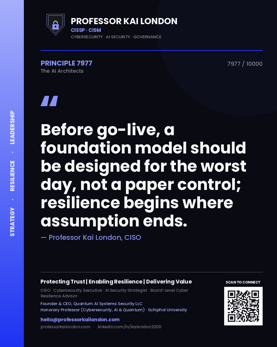 Quote card by Professor Kai London reading 'Before go-live, a foundation model should be designed for the worst day, not a paper control; resilience begins where assumption ends.'. From the book The AI Architects.