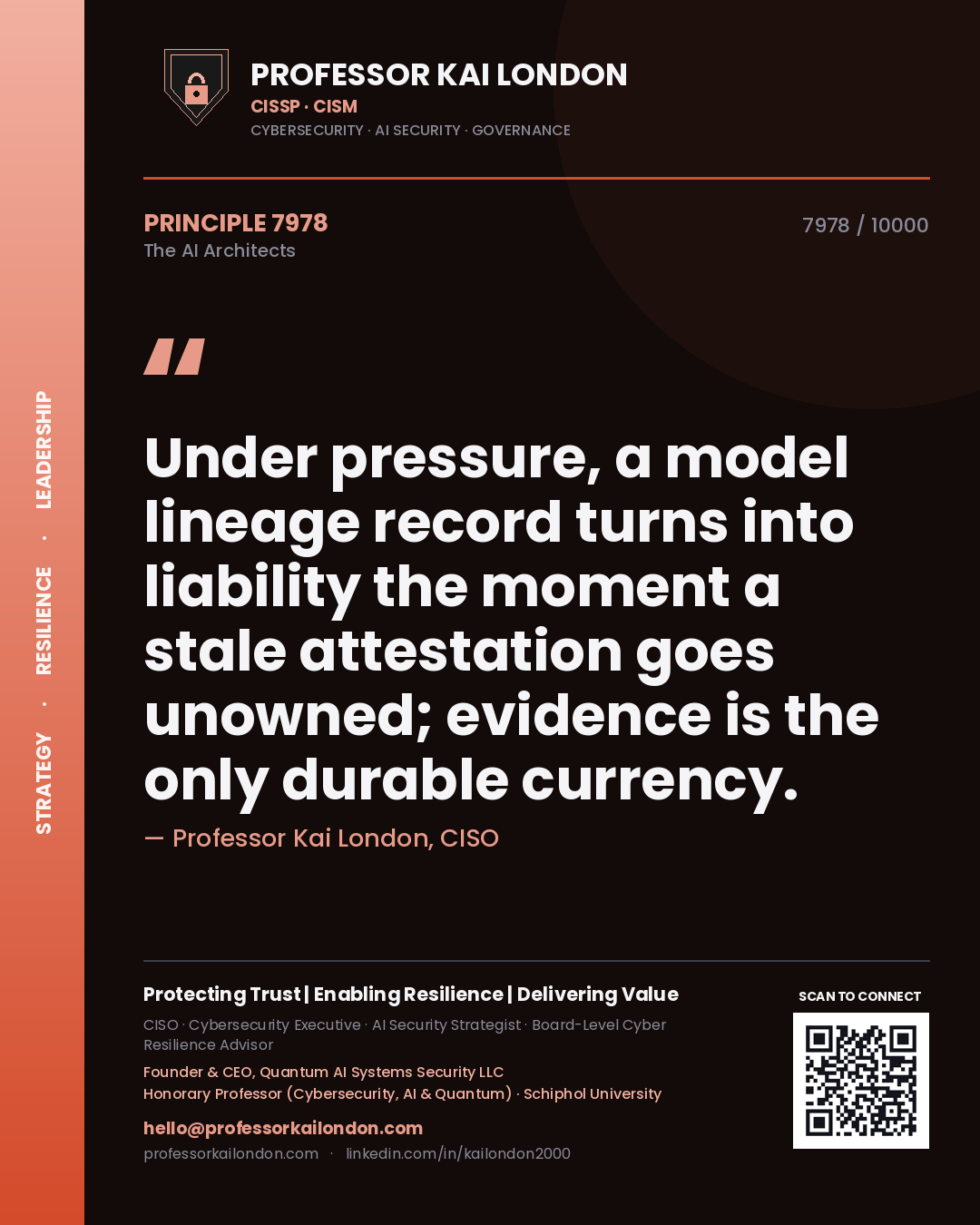 Quote card by Professor Kai London reading 'Under pressure, a model lineage record turns into liability the moment a stale attestation goes unowned; evidence is the only durable currency.'. From the book The AI Architects.