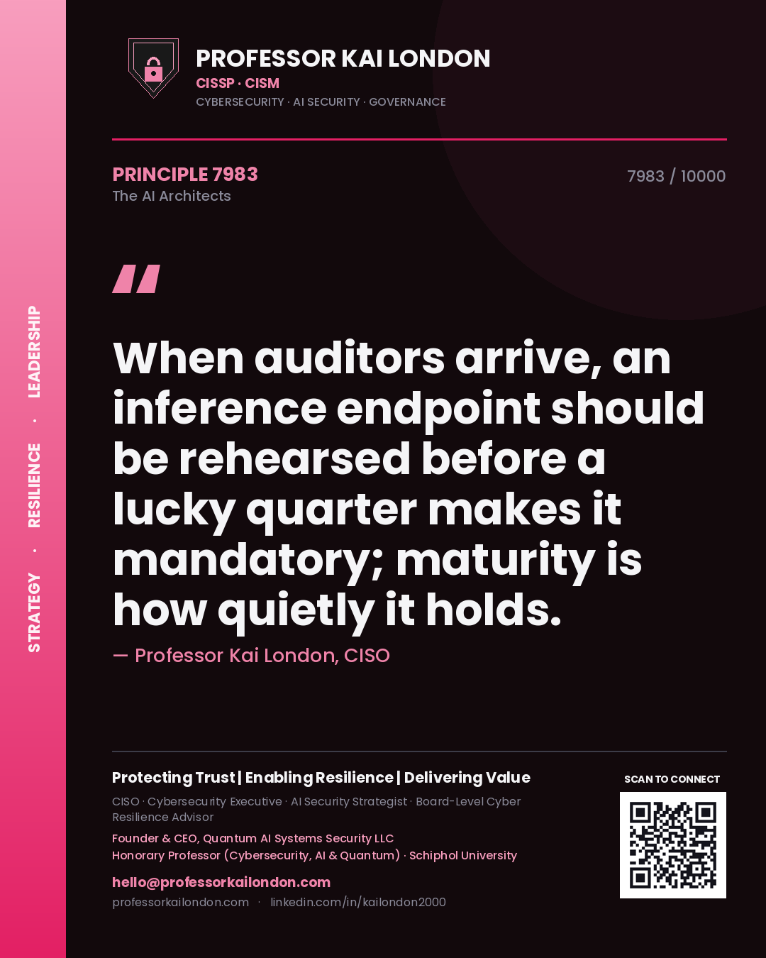 Quote card by Professor Kai London reading 'When auditors arrive, an inference endpoint should be rehearsed before a lucky quarter makes it mandatory; maturity is how quietly it holds.'. From the book The AI Architects.