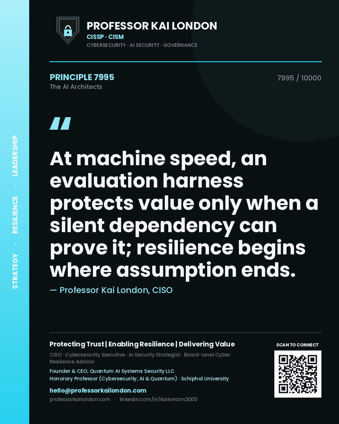 Quote card by Professor Kai London reading 'At machine speed, an evaluation harness protects value only when a silent dependency can prove it; resilience begins where assumption ends.'. From the book The AI Architects.
