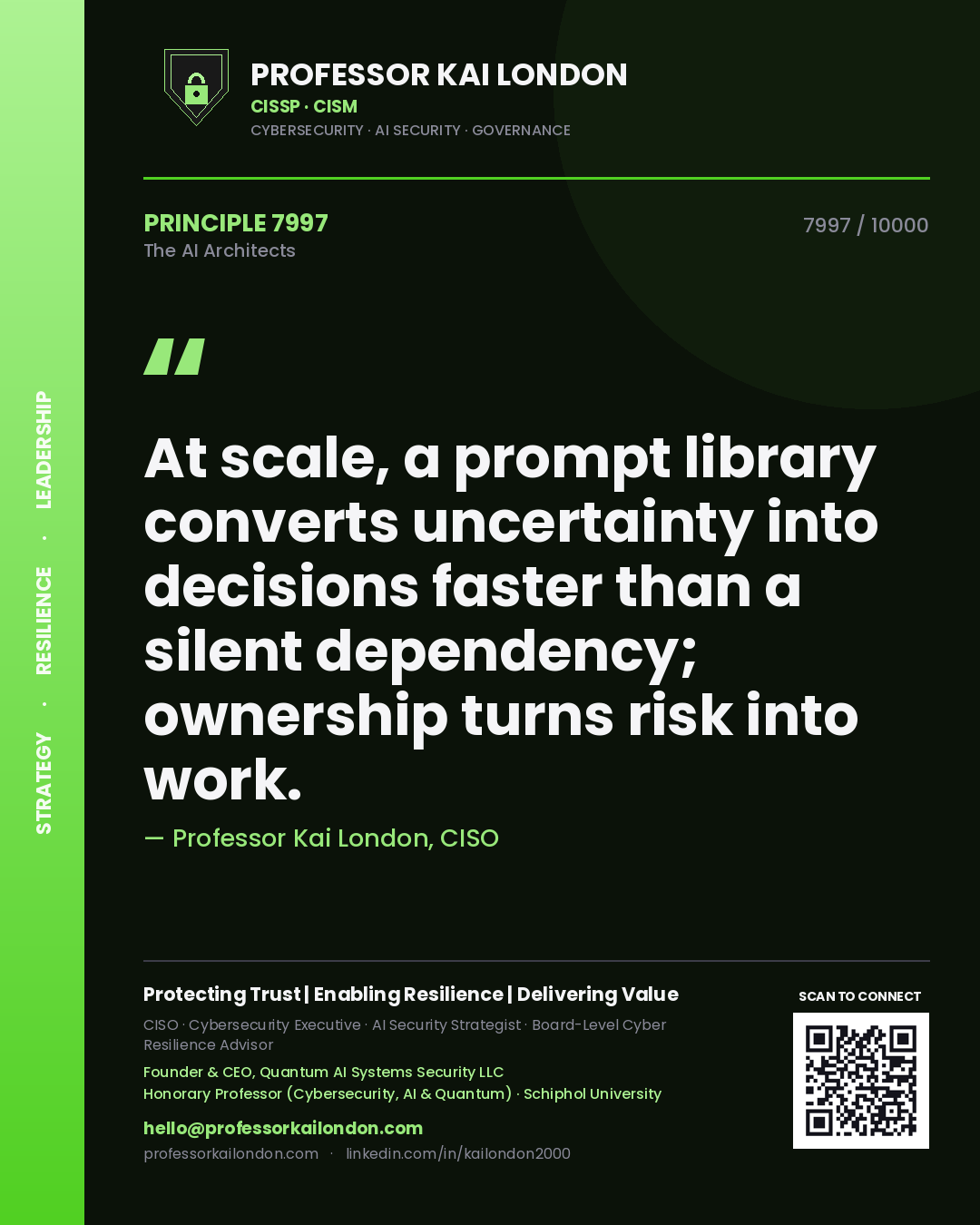 Professor Kai London principle 7997: At scale, a prompt library converts uncertainty into decisions faster than a silent dependency; ownership turns risk into work.