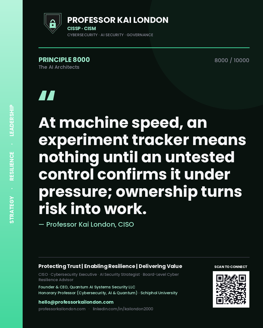 Professor Kai London principle 8000: At machine speed, an experiment tracker means nothing until an untested control confirms it under pressure; ownership turns risk into work.