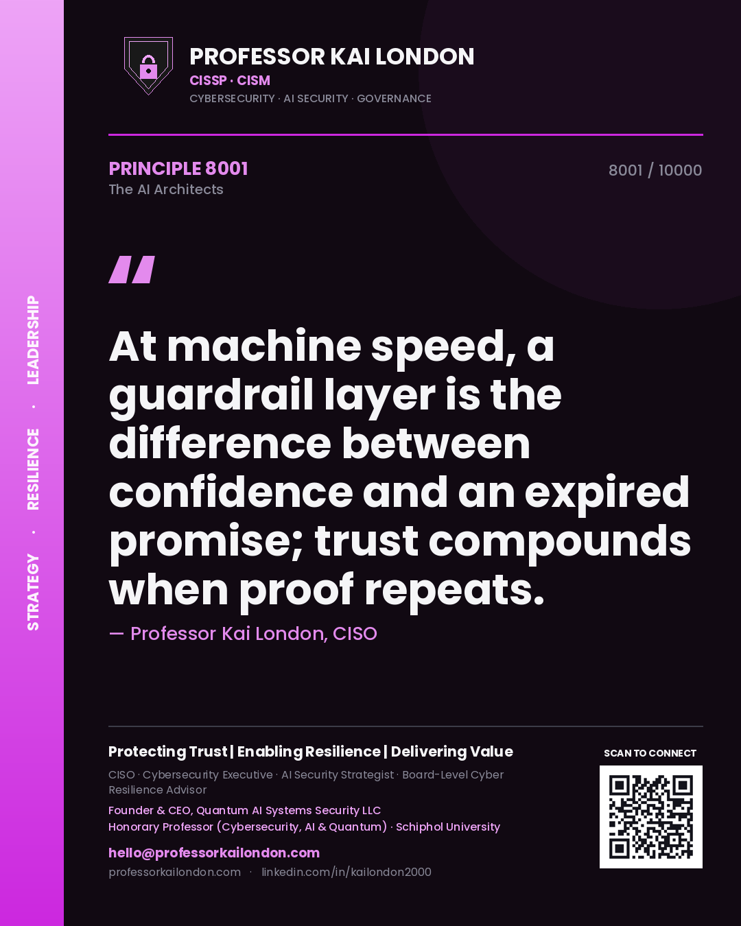 Quote card by Professor Kai London reading 'At machine speed, a guardrail layer is the difference between confidence and an expired promise; trust compounds when proof repeats.'. From the book The AI Architects.