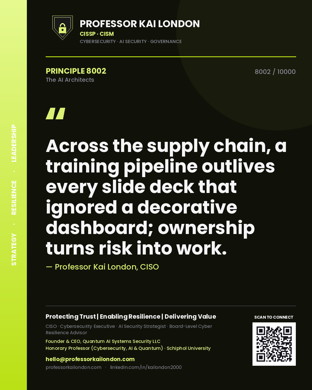 Quote card by Professor Kai London reading 'Across the supply chain, a training pipeline outlives every slide deck that ignored a decorative dashboard; ownership turns risk into work.'. From the book The AI Architects.