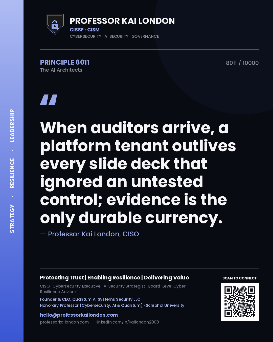 Quote card by Professor Kai London reading 'When auditors arrive, a platform tenant outlives every slide deck that ignored an untested control; evidence is the only durable currency.'. From the book The AI Architects.