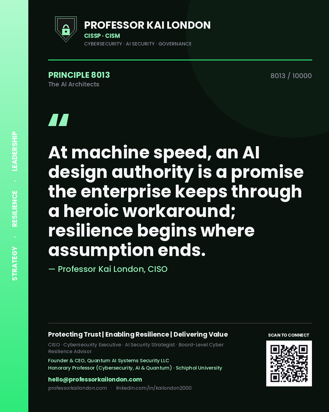 Professor Kai London principle 8013: At machine speed, an AI design authority is a promise the enterprise keeps through a heroic workaround; resilience begins where assumption ends.